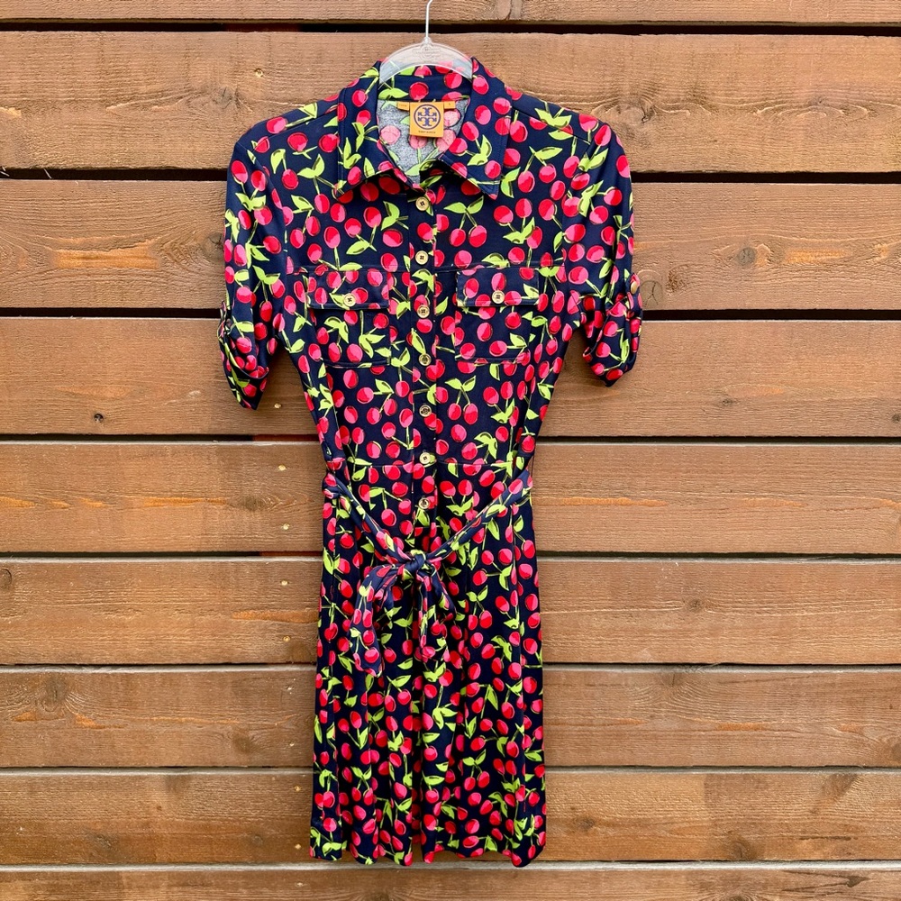 Tory Burch Cherry Print Belted Tie Waist Silk Collared Shirt Dress Sz S Blue